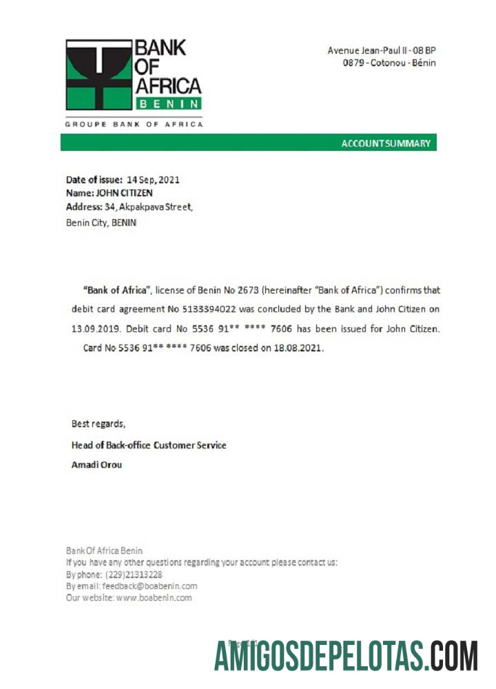 Referência de encerramento do Benin BankofAfrica exemplo real